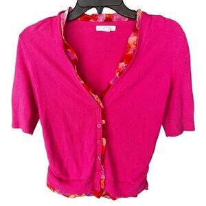 NY & Co. Short sleeve pink floral trim cardigan sweater ruched sides Career SZ S